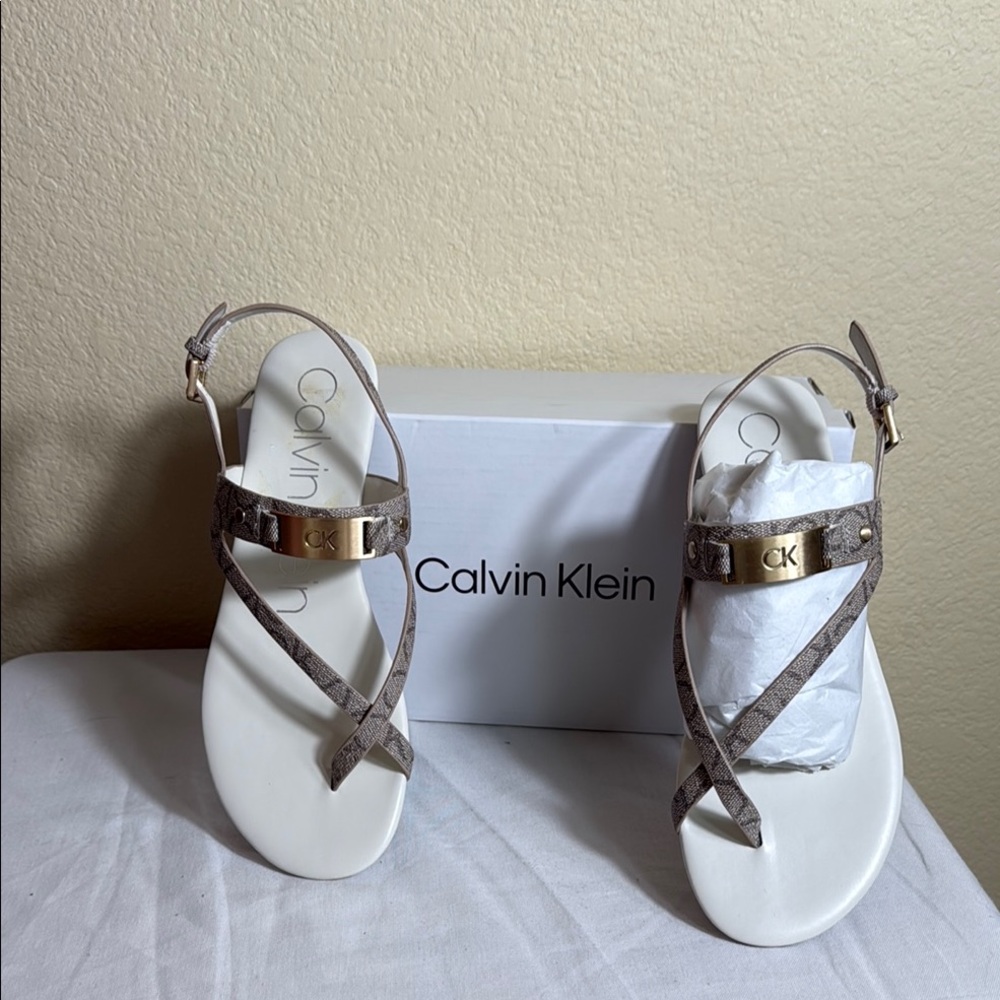 Calvin Klein White and Tan Sandals Minimalist Design